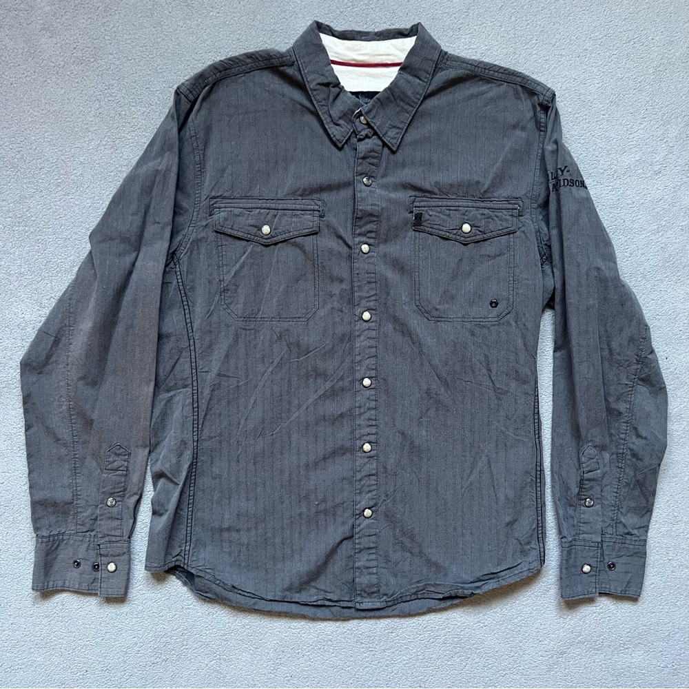 Men's Harley Davidson Embroidered Logo Gray Long Sleeve Button Up Shirt Size-XL